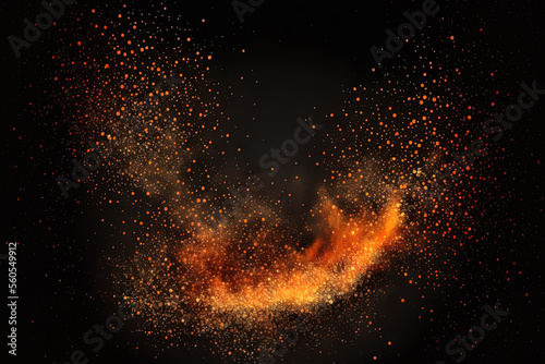 Fire embers particles over black background. Fire sparks background. Abstract dark glitter fire particles lights. Generative AI