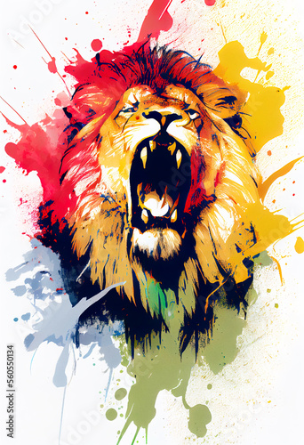 Angry shouting lion close-up on white background. Watercolour brush strokes artistic technique.   Digitally generated AI image.