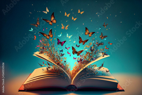 Ein offenes Buch, aus dem Schmetterlingen herausfliegen, ideal für Fantasy- und Literaturhintergründe - AI generiert 