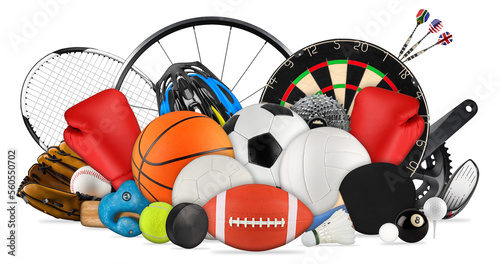 huge collection stack of sport balls gear equipment dart billiard and hobby games from various sports concept isolated white background