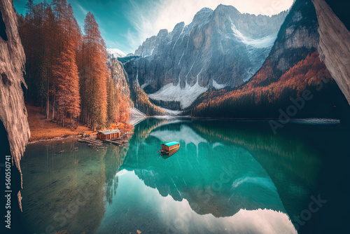Braies Lake is a popular destination for photographers. Italian Alps, Dolomites, Naturpark Fanes Sennes Prags, colorful autumnal scenery, Europe. Background of the natural world's beauty. Generative photo
