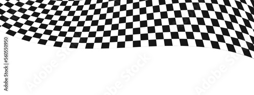 Winding race flag background. Warped black and white squares pattern. Motocross, rally, sport car competition wallpaper with copyspace. Checkered waving texture