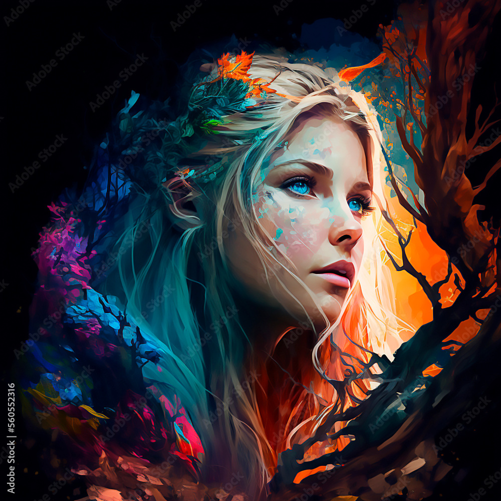 blonde woman in the forest fantasy painting. generative ai