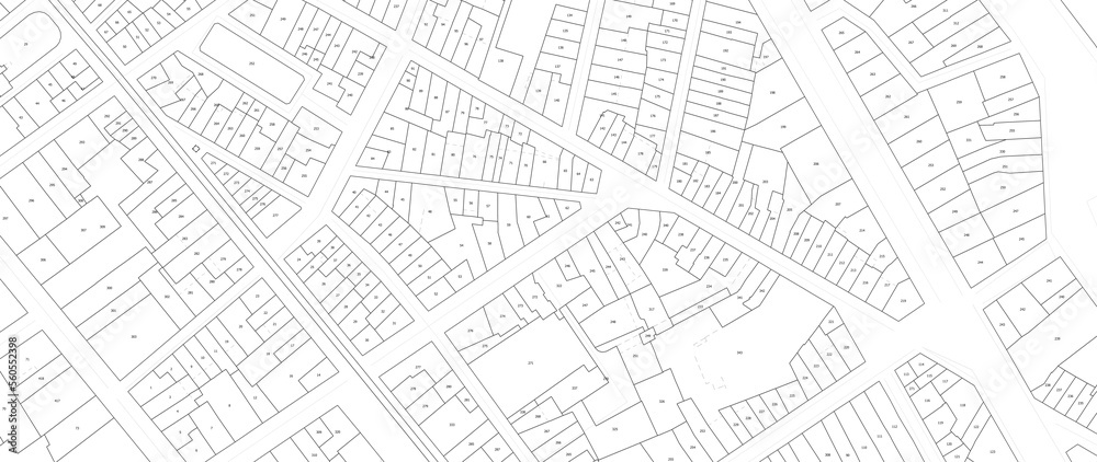 Urbanisme et territoire - plan cadastral avec limites de parcelles d'un centre ville d'une métropole