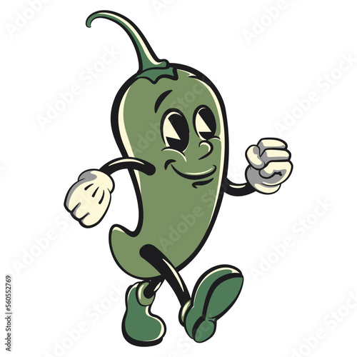 vector vintage illustration of green chili character cartoon mascot walking