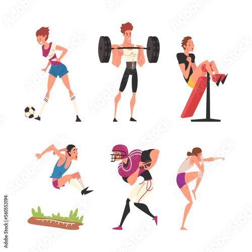 Professional athletes doing sports set. Male and female characters boxing, playing rugby, soccer, lifting barbell, doing long jump cartoon vector illustration
