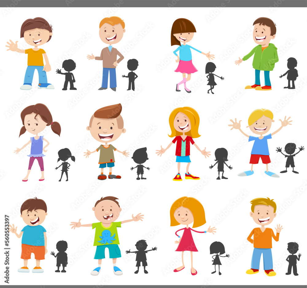 cartoon happy kids characters with silhouettes set cartoon happy kids characters with silhouettes set