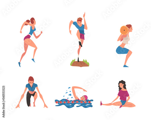 Professional athletes doing sports set. Male and female characters lifting barbell, running, swimming, , cartoon vector illustration