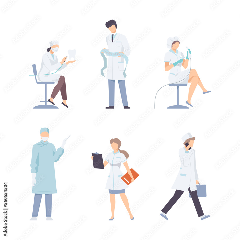 Set of doctors characters in uniform. Medical staff making examination and treatment procedures during work flat vector illustration