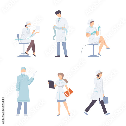 Set of doctors characters in uniform. Medical staff making examination and treatment procedures during work flat vector illustration © topvectors