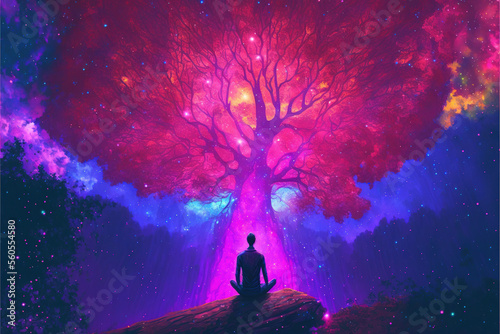 Trippy Meditation Under a Huge Tree - Phychedelic Spiritual Trip - Digital Illustration - Generative AI photo