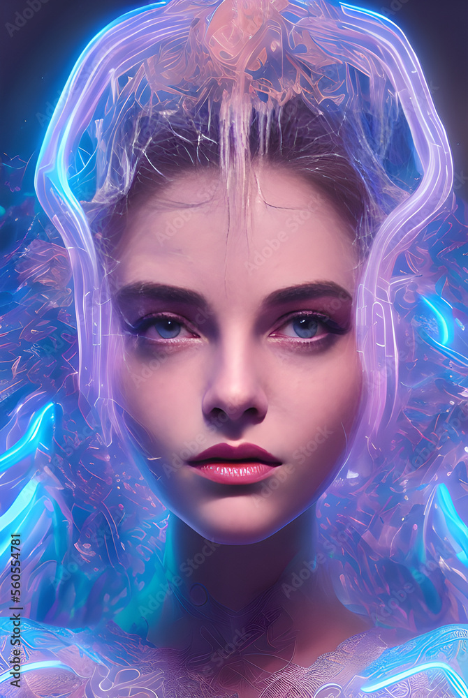 portrait of a woman with makeup and neon lights - gorgeous cyberpunk goddess - illustration - fantasy - science fiction - Generative AI