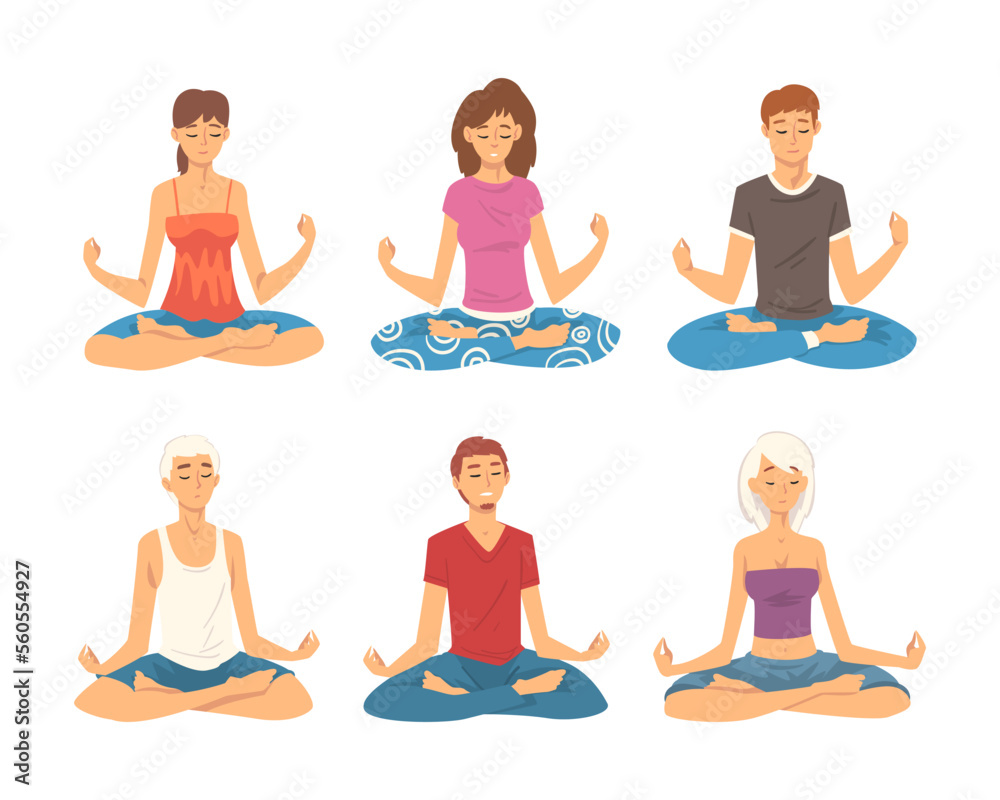 Relaxed people meditating in lotus position set. Young men and women doing yoga. Healthy lifestyle concept cartoon vector illustration Relaxed people meditating in lotus position set. Young men and women doing yoga. Healthy lifestyle concept cartoon vector illustration