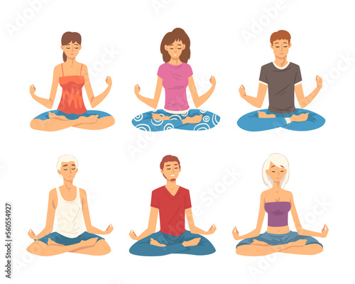 Relaxed people meditating in lotus position set. Young men and women doing yoga. Healthy lifestyle concept cartoon vector illustration