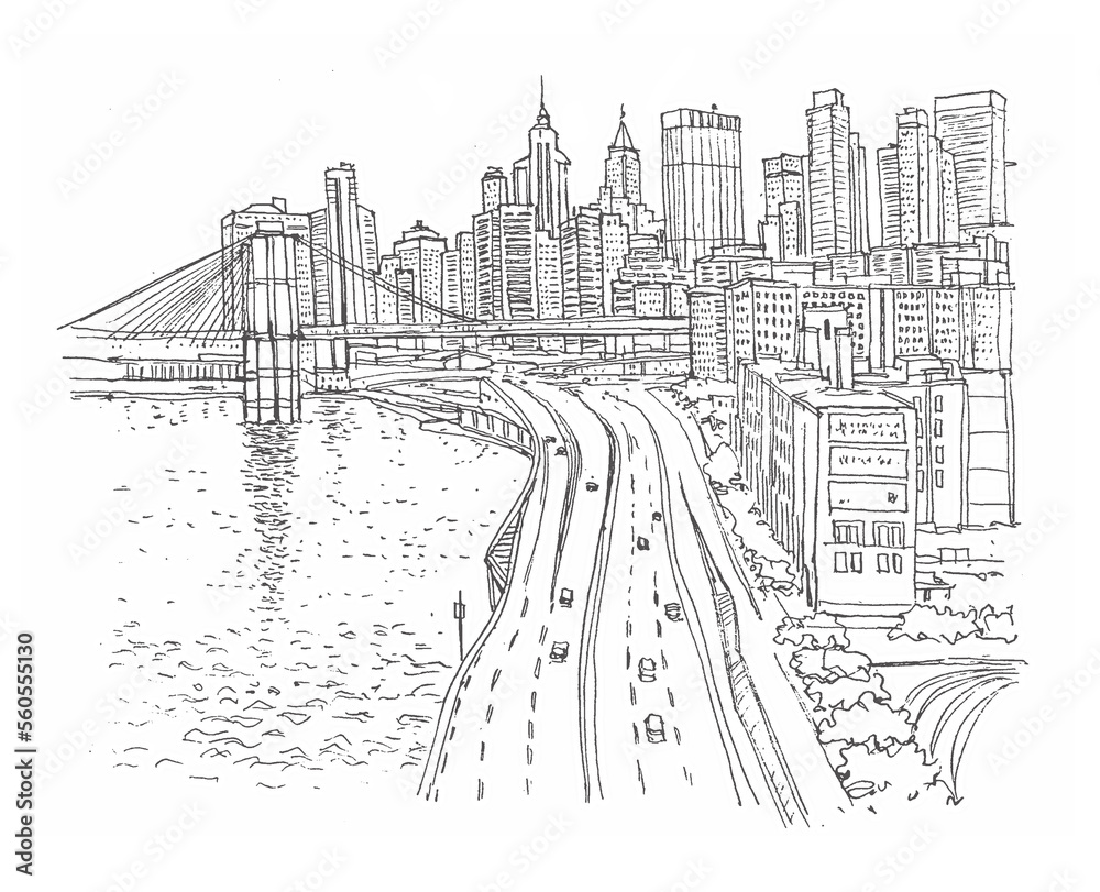 Architecture sketch illustration. Travel sketch of New York, USA. Liner sketches view of Brooklyn bridge and street in New York. Freehand drawing. Sketchy line art drawing with a pen on paper.
