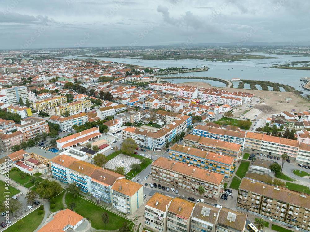 Fototapeta premium Montijo Cityscape in Portugal. Drone Point of View. River Tagus in Background