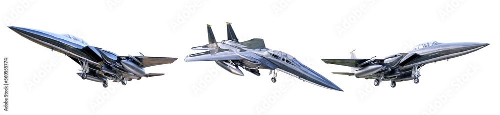 United States US Air Force F-15E Strike Eagle bomber jet airplanes set isolated on white, eagle tactical fighter jet f15e with weapons, multi-mission avionics system military aircraft 3D illustration United States US Air Force F-15E Strike Eagle bomber jet airplanes set isolated on white, eagle tactical fighter jet f15e with weapons, multi-mission avionics system military aircraft 3D illustration