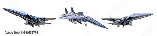 United States US Air Force F-15E Strike Eagle bomber jet airplanes set isolated on white, eagle tactical fighter jet f15e with weapons, multi-mission avionics system military aircraft 3D illustration