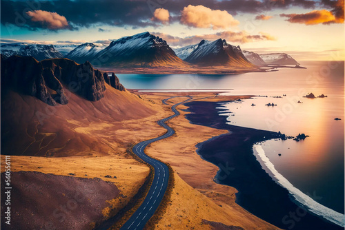 beautiful Icelandic road weaving between mountain, generative ai