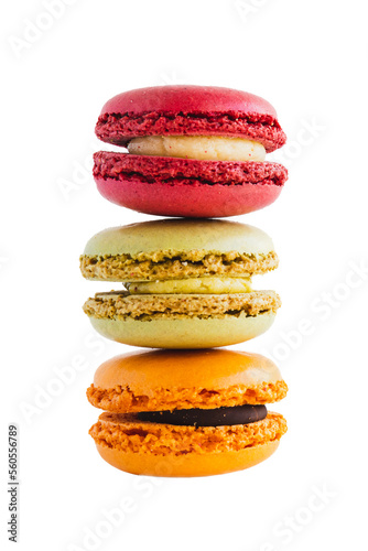 Fototapeta Naklejka Na Ścianę i Meble -  Stack of Red Velvet, Pistachio, and Chocolate and Mandarin Macaron Cookies on Transparent PNG