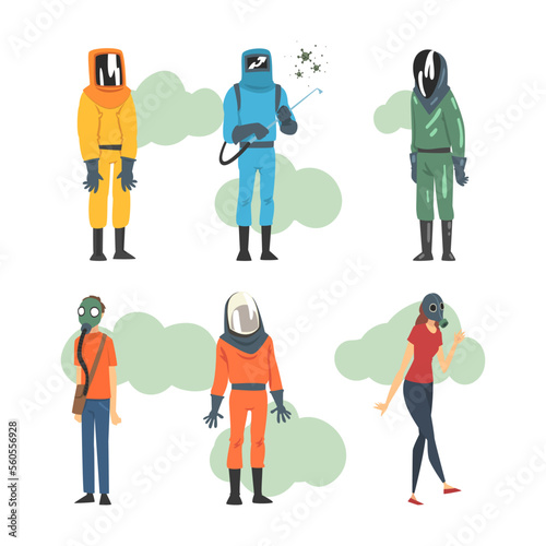 Set of people wearing hazmat protective clothing and gas masks cartoon vector illustration
