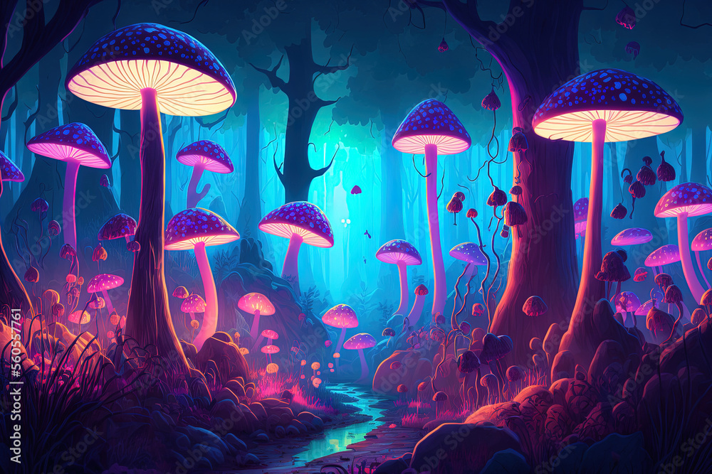 Wonderfully vibrant mushroom forest in Mystery Mountain. Fanciful