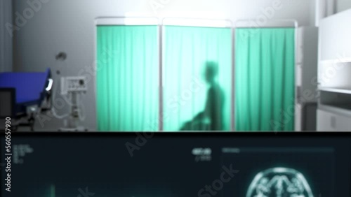 silhouette of a man behind a curtain in a medical office.Desktop MRI HUD (ID: 560557930)