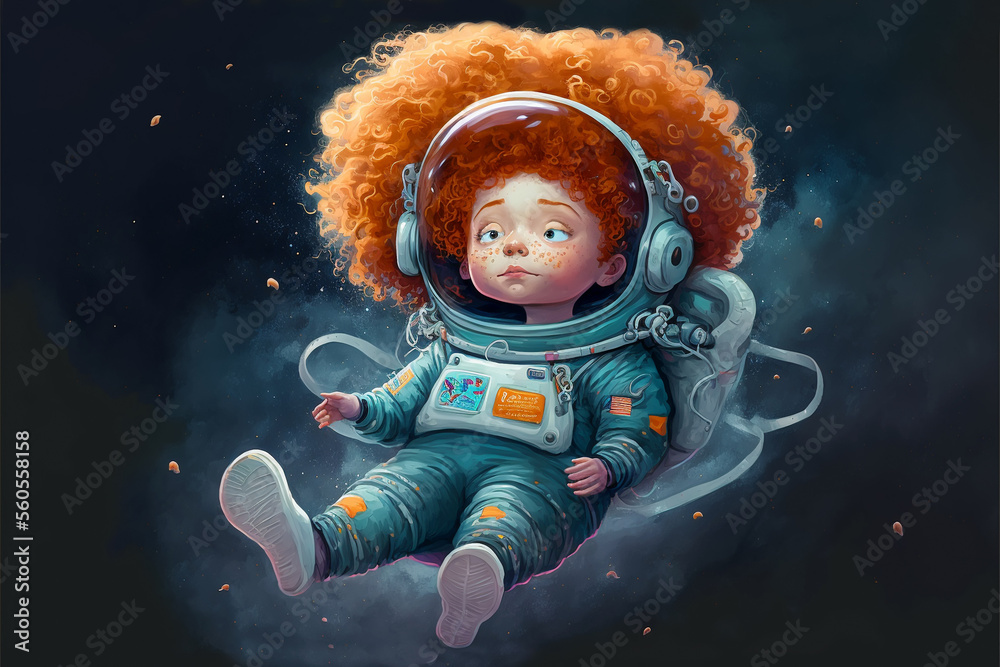 astronaut girl floats in space