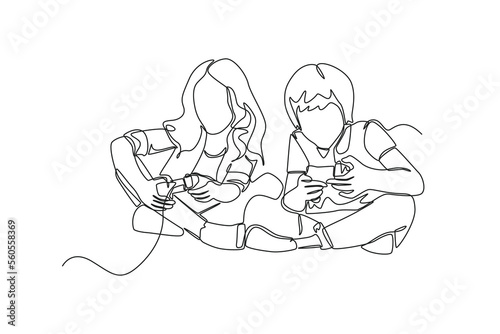 Continuous one line drawing Little boy and girl are sitting in the living room and playing a game console. Hangouts With Friends concept. Single line draw design vector graphic illustration.