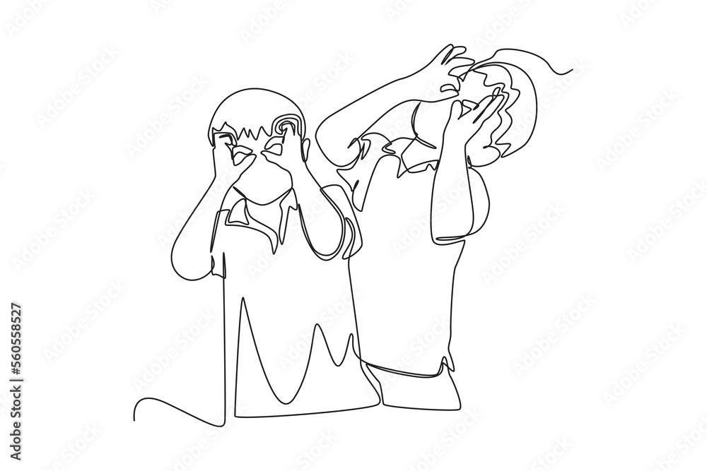 Continuous one line drawing Two boys laughing while making fingers shaped like glasses. Hangouts With Friends concept. Single line draw design vector graphic illustration. Continuous one line drawing Two boys laughing while making fingers shaped like glasses. Hangouts With Friends concept. Single line draw design vector graphic illustration.