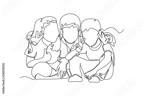 Continuous one line drawing Three little friends embrace. Hangouts With Friends concept. Single line draw design vector graphic illustration.