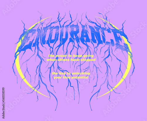 A hand drawn grunge metallic print design featuring slogans and wordings related to endurance