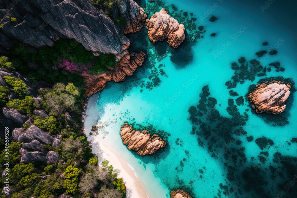 Sea from above, Amazing natural background, top view. The water's hue is stunningly bright. Thai ocean's azure beach is surrounded by rocky mountains and clear water on a sunny day. drone in flight, s