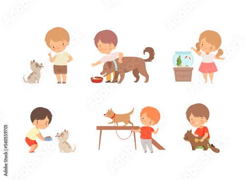 Cute little boys and girls caring of animals set. Kids feeding cat, dog and fish cartoon vector illustration
