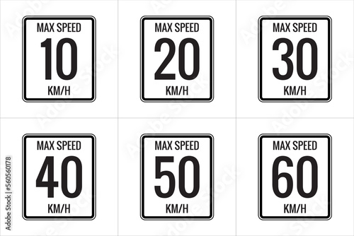 Maximum Speed limit sign 10 kmh, 20, 30, 40, 50, 60 Kmh, sign icon on white background vector illustration. photo
