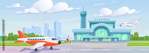 Landscape view of an airport building with a flight tower and a city in the background. An airplane taking off a runway, landing, and parking on an airfield. Cartoon style vector illustration.