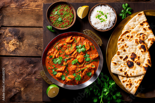 Spicy chicken tikka masala in bowl on rustic wooden background. With rice, indian naan butter bread, spices, herbs. Space for text. Traditional Indian British dish. Top view. Indian food. Copy space