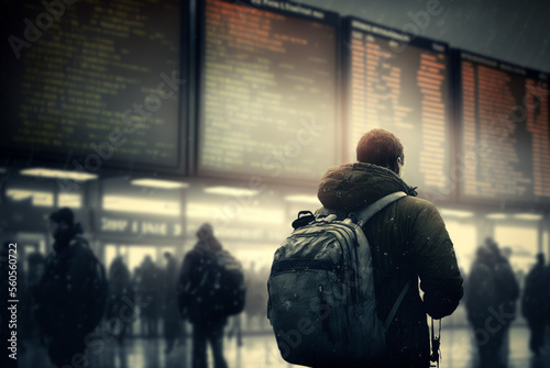 Unhappy and Stressed Young Adult Man At Airport Viewing Cancelled Flights on Flight Information and Airport Display Board - Generative AI.