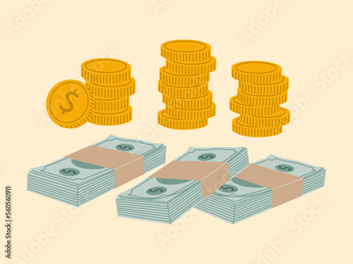 Stacks of paper money and golden coins. Hand drawn vector illustration isolated on light background, flat cartoon style.