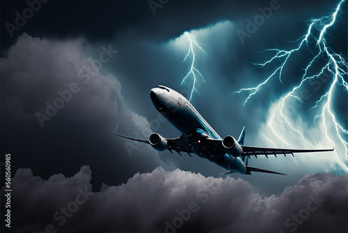 Commercial Jet Airplane Plane Aircraft Airliner Flying Through Turbulent Dangerous Lightning Storm Navigating Danger, generative AI