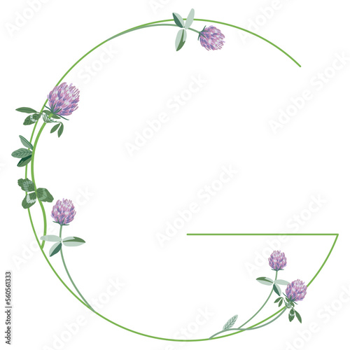 Capital letter G with floral motifs. Decorative font with blooming branches of red clover flower. Isolated vector illustration.