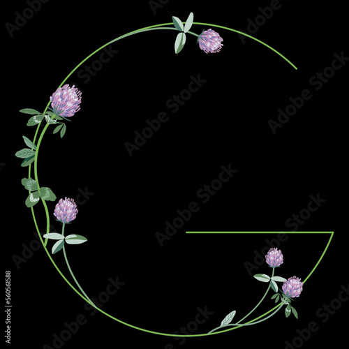 Capital letter G with floral motifs. Decorative font with blooming branches of red clover flower. On black background.
