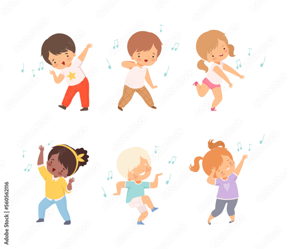 Set of cute boys and girls dancing and happily jumping cartoon vector illustration