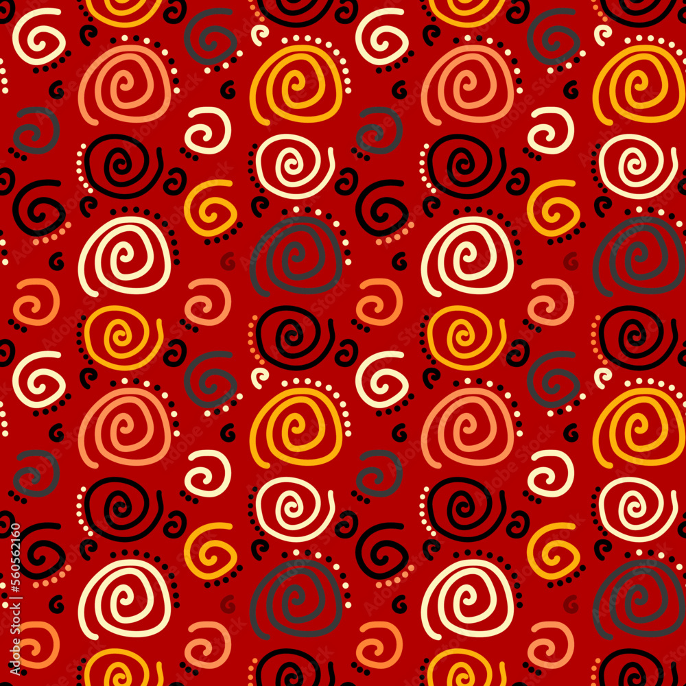 Bright pattern of multi-colored spirals on a red background. Seamless vector image. Bright pattern of multi-colored spirals on a red background. Seamless vector image.