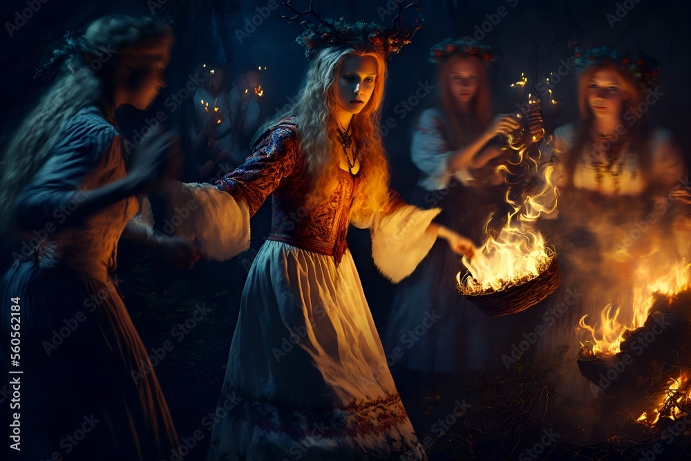 Beautiful Slavic women dance around the campfire during Kupala Night, traditional Slavic holiday that was originally celebrated on the shortest night of the year. Generative AI. Artisitic painting