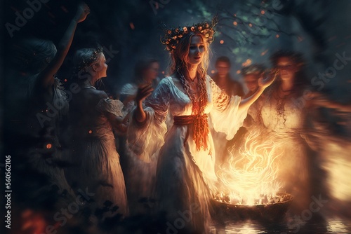 Beautiful Slavic women dance around the campfire during Kupala Night, traditional Slavic holiday that was originally celebrated on the shortest night of the year. Generative AI. Artisitic painting photo