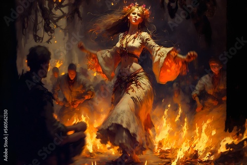  A beautiful slim and tall Slavic beauty dances around a campfire surrounded by the Slavic community on a warm summer night. The festival of Ivan Kupala, a traditional Slavic holiday. Generative AI