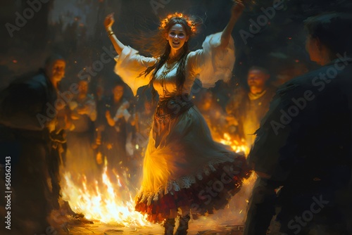  A beautiful slim and tall Slavic beauty dances around a campfire surrounded by the Slavic community on a warm summer night. The festival of Ivan Kupala, a traditional Slavic holiday. Generative AI photo