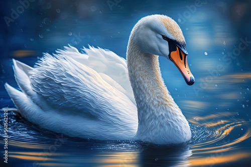 illustration of close up portrait shot of beautiful white swan swim in lake  photo