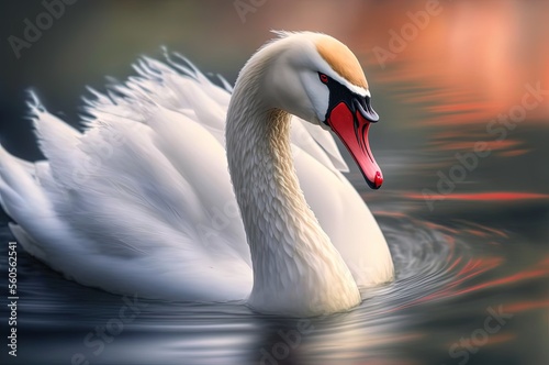 illustration of close up portrait shot of beautiful white swan swim in lake 